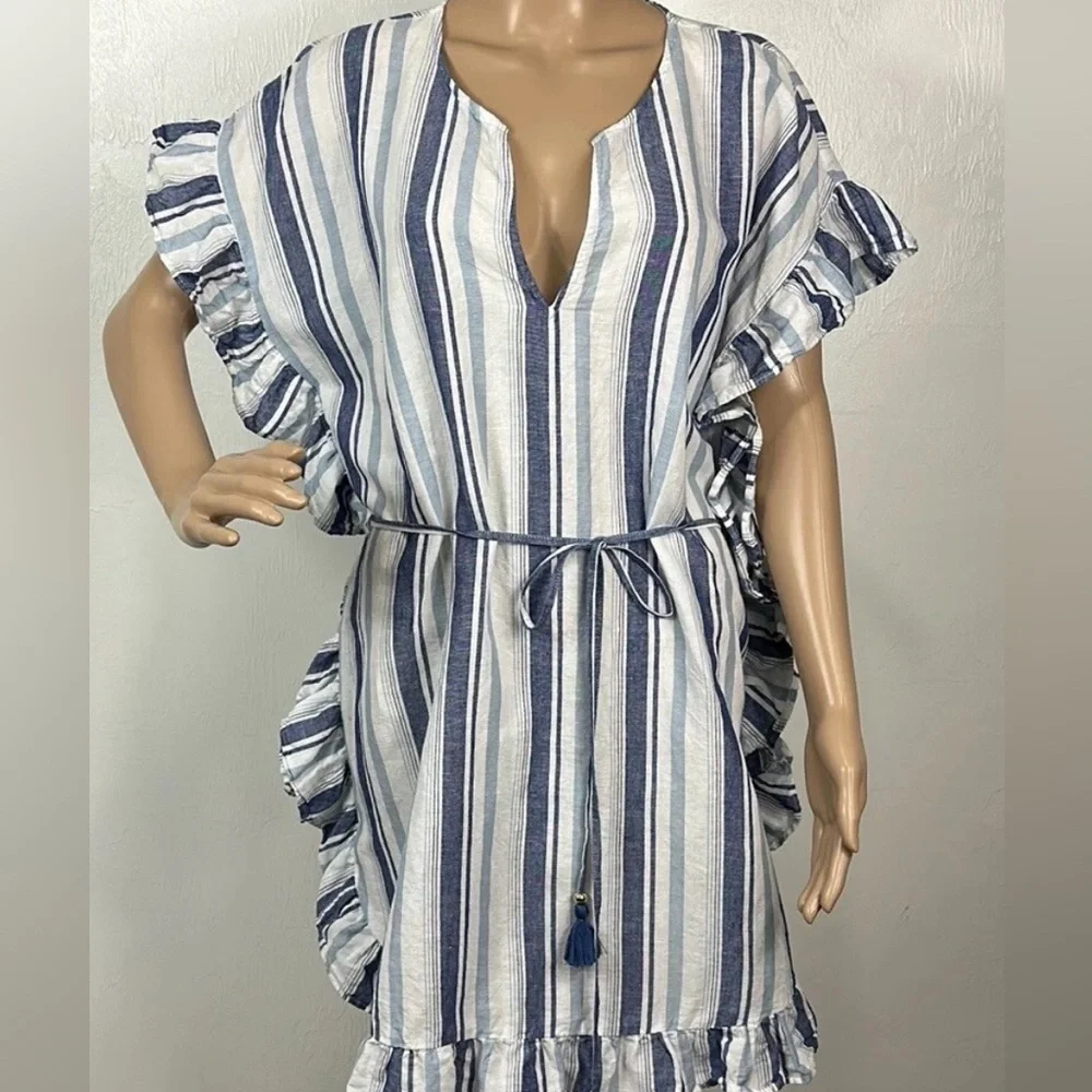 J. Crew White And Blue Stripes Linen Cotton Side-Ruffle Tunic Dress Size M